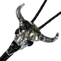 Large Silver Steer Skull Western Western Bolo Tie by Rockmount Ranch Wear with steer skull design and leatherette cord
