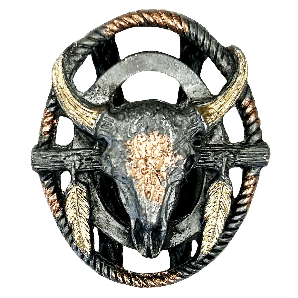 Tri-Color Steer Skull with Feathers Western Bolo Tie - Rockmount