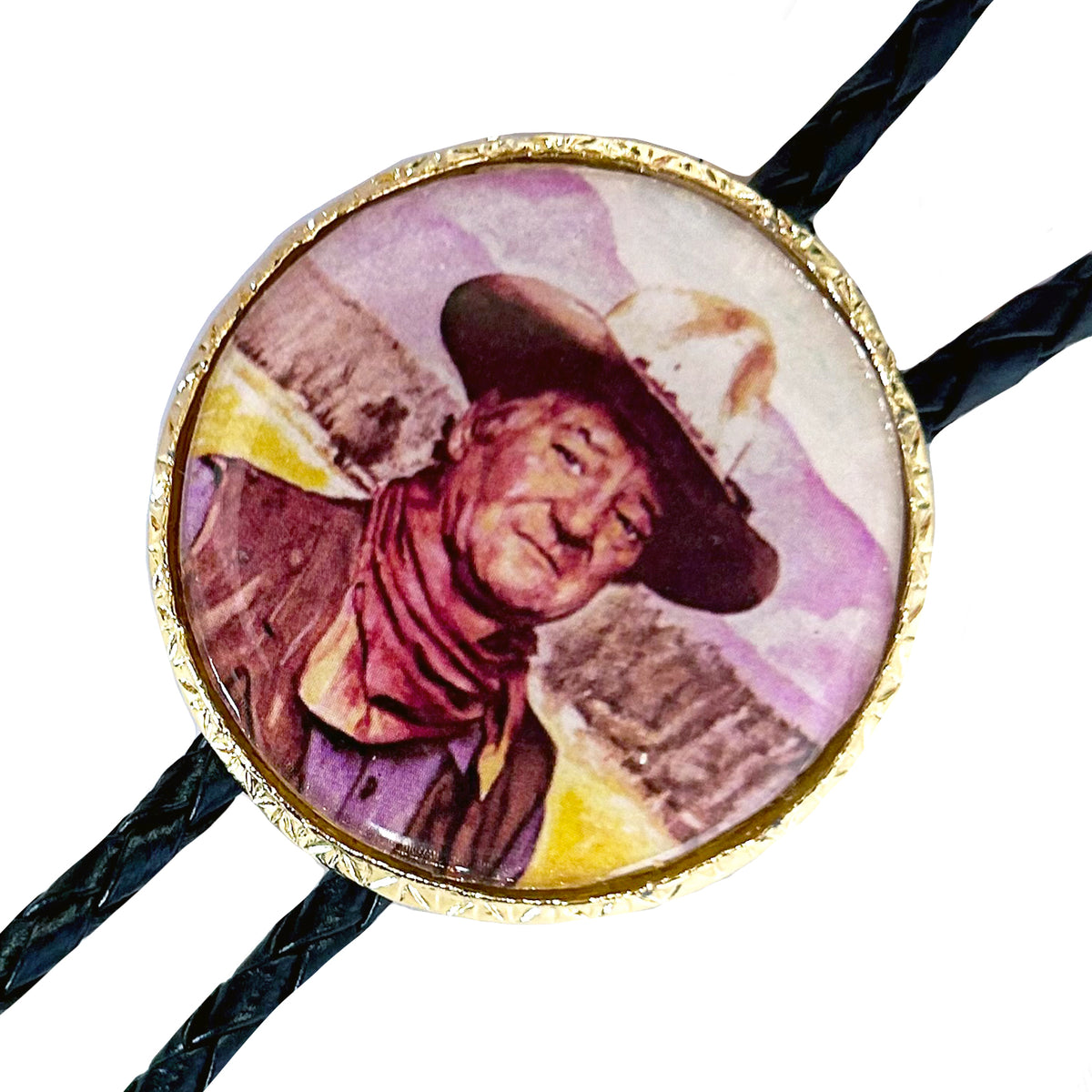 The Duke John Wayne Western Bolo Tie by Rockmount Ranch Wear, vintage bolo tie with leatherette cord