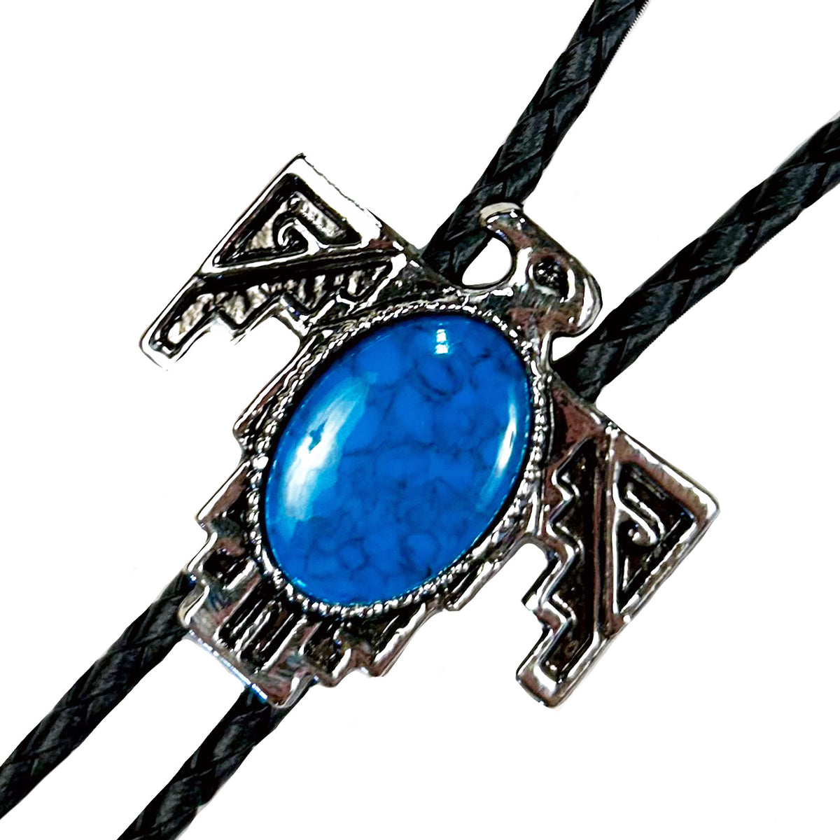 Silver Thunderbird with Stone Inlay Western Bolo Tie by Rockmount Ranch Wear, blue stone inlay on leatherette cord