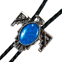 Silver Thunderbird with Stone Inlay Western Bolo Tie by Rockmount Ranch Wear, blue stone inlay on leatherette cord