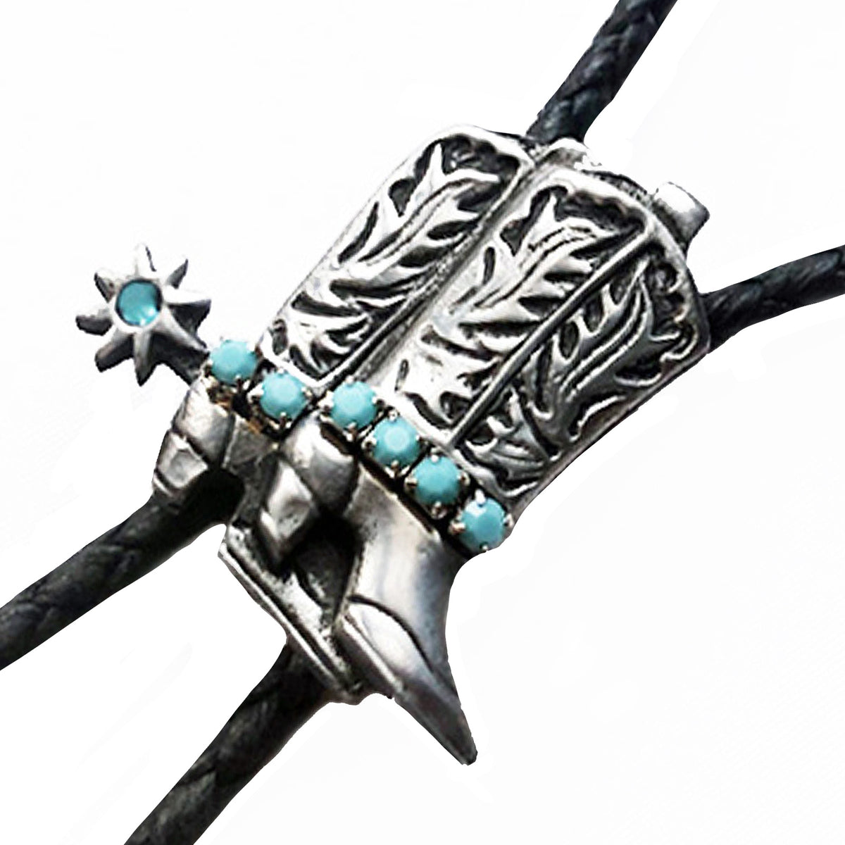 Silver Cowboy Boots with Turquoise Inlay Western Bolo Tie by Rockmount Ranch Wear, turquoise inlay bolo tie