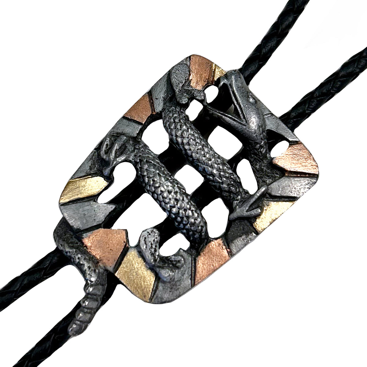 Tri-Color Rattlesnake Western Bolo Tie by Rockmount Ranch Wear with rattlesnake motif slide and leatherette cord