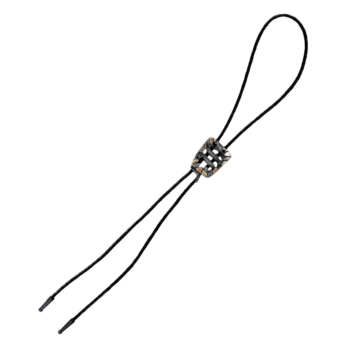 Tri-Color Rattlesnake Western Bolo Tie by Rockmount Ranch Wear with rattlesnake motif slide and leatherette cord