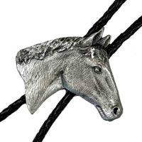 Silver Horsehead Western Bolo Tie by Rockmount Ranch Wear with horsehead design feature on leatherette cord