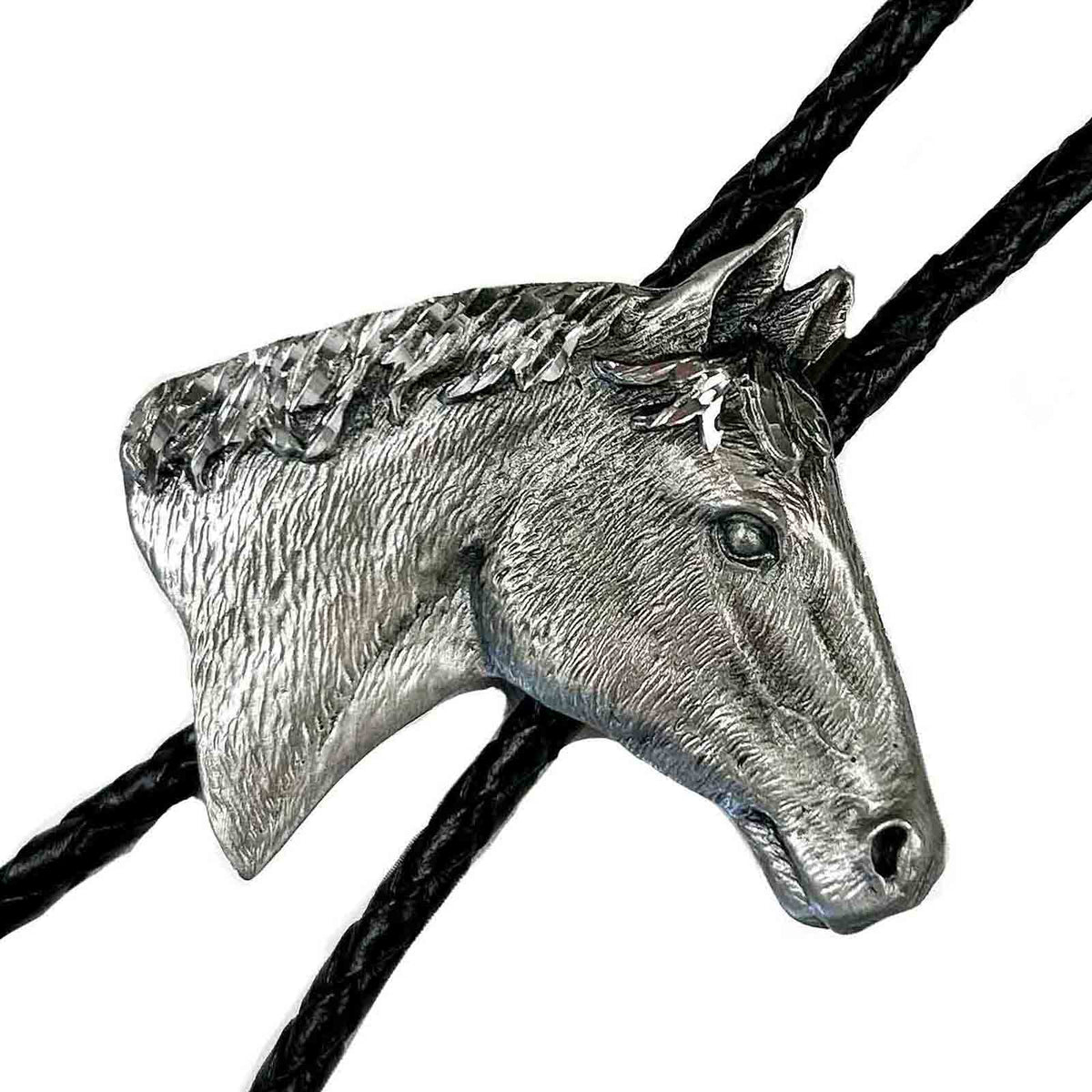 Silver Horsehead Western Bolo Tie by Rockmount Ranch Wear with horsehead design feature on leatherette cord