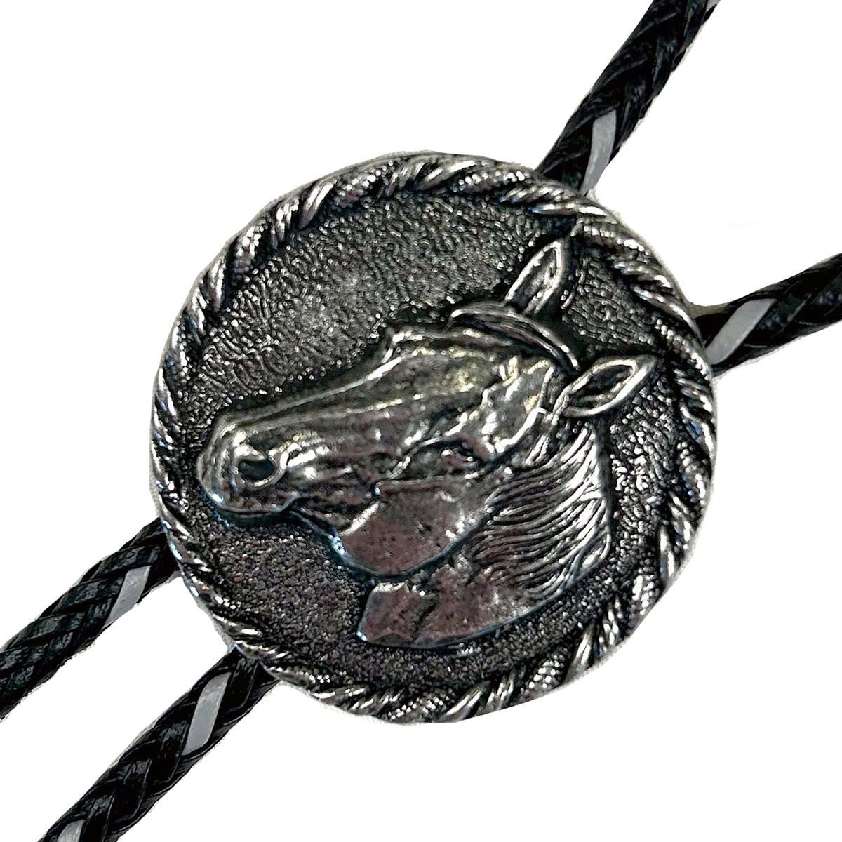 Pewter Horsehead in Round Frame Western Bolo Tie by Rockmount Ranch Wear with leatherette cord