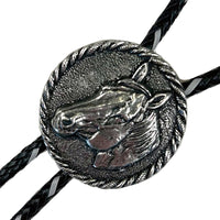 Pewter Horsehead in Round Frame Western Bolo Tie by Rockmount Ranch Wear with leatherette cord