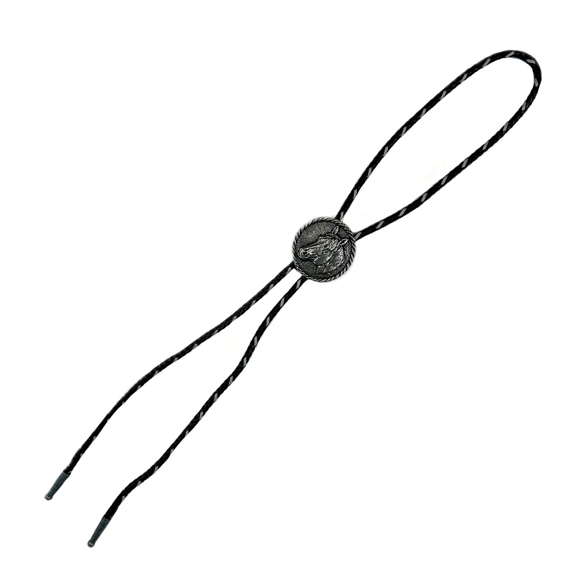 Pewter Horsehead in Round Frame Western Bolo Tie by Rockmount Ranch Wear with leatherette cord