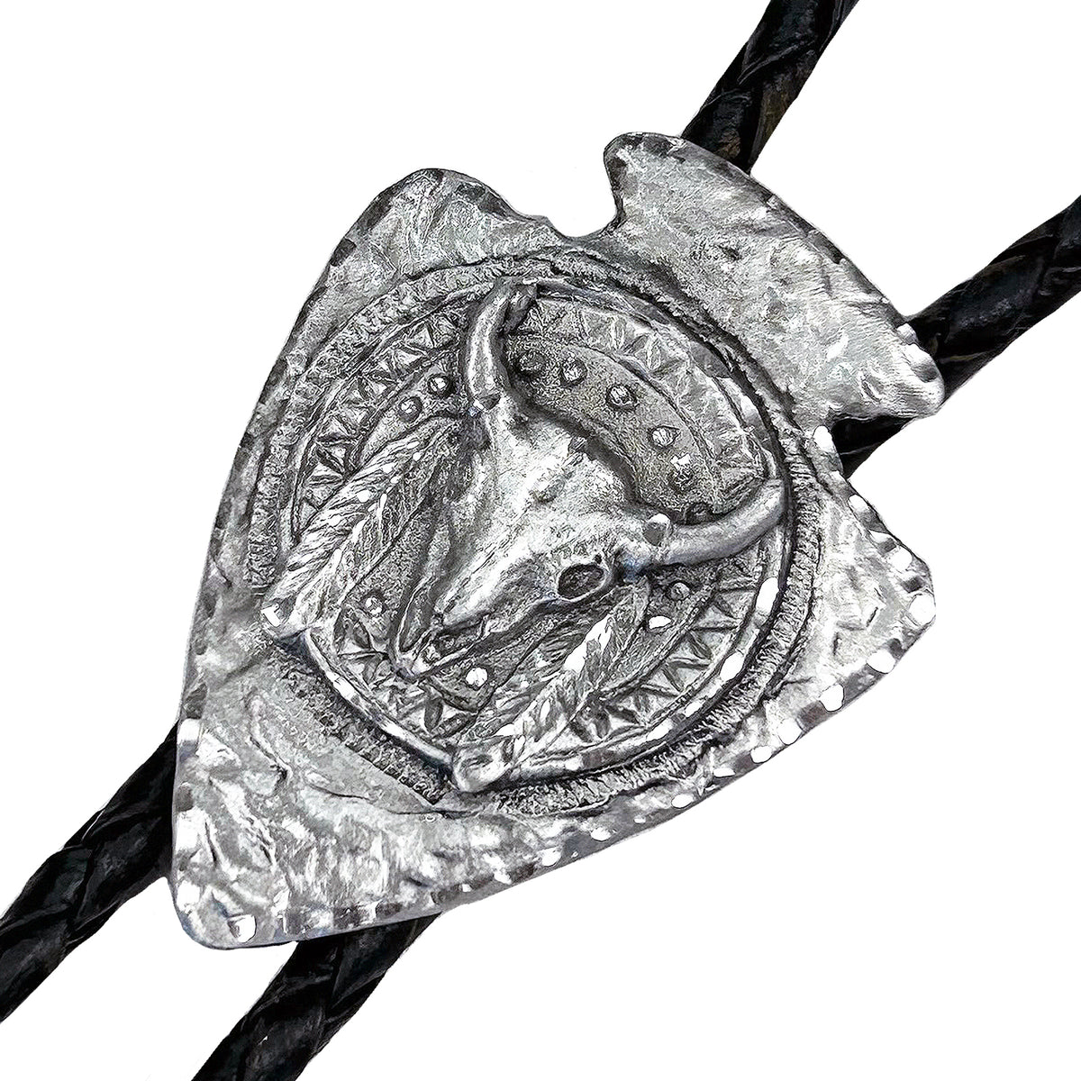 Arrowhead with Skull Western Bolo Tie by Rockmount Ranch Wear with steer skull centerpiece and leatherette cord