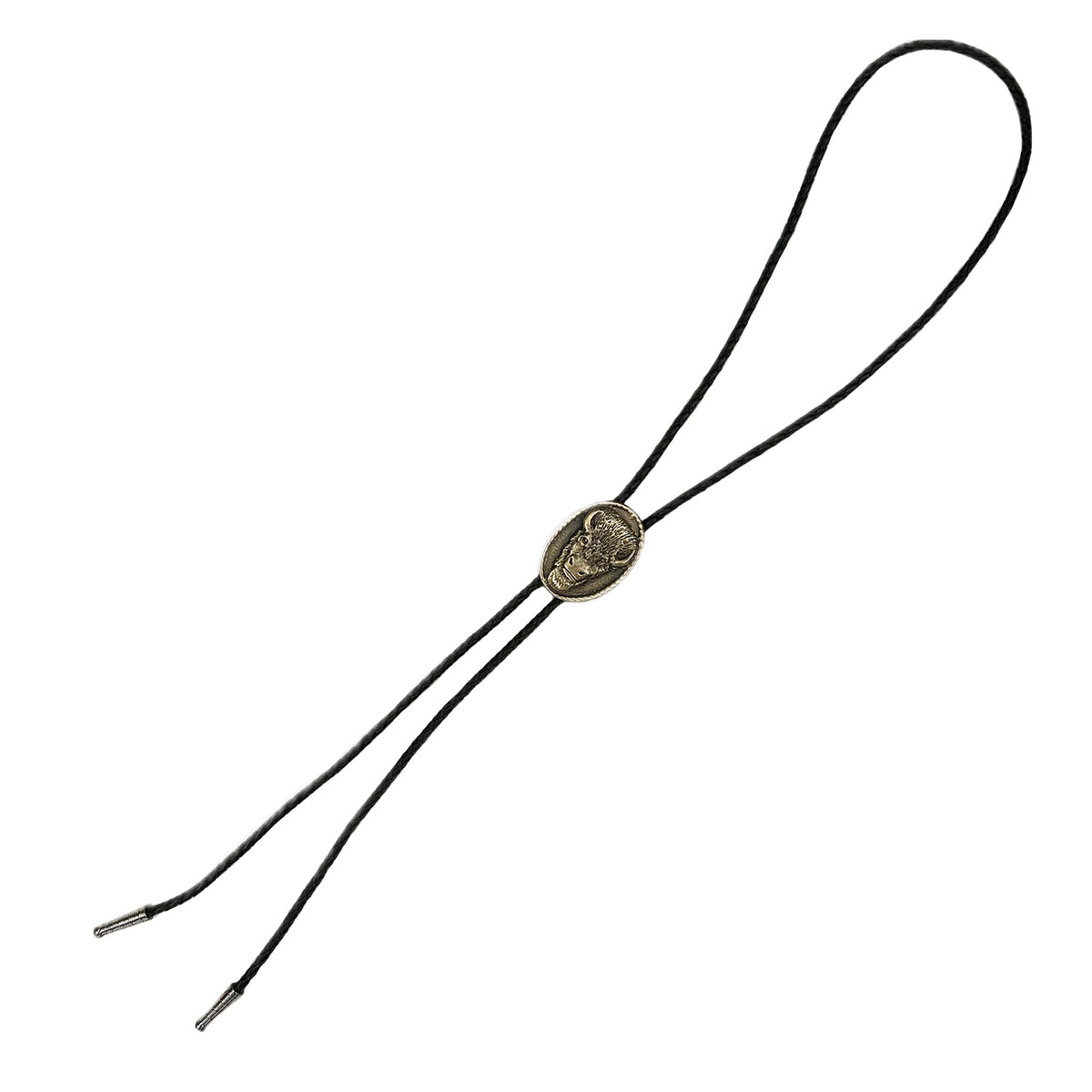 Oval Buffalo Head Western Bolo Tie in Brass by Rockmount Ranch Wear with brass oval centerpiece