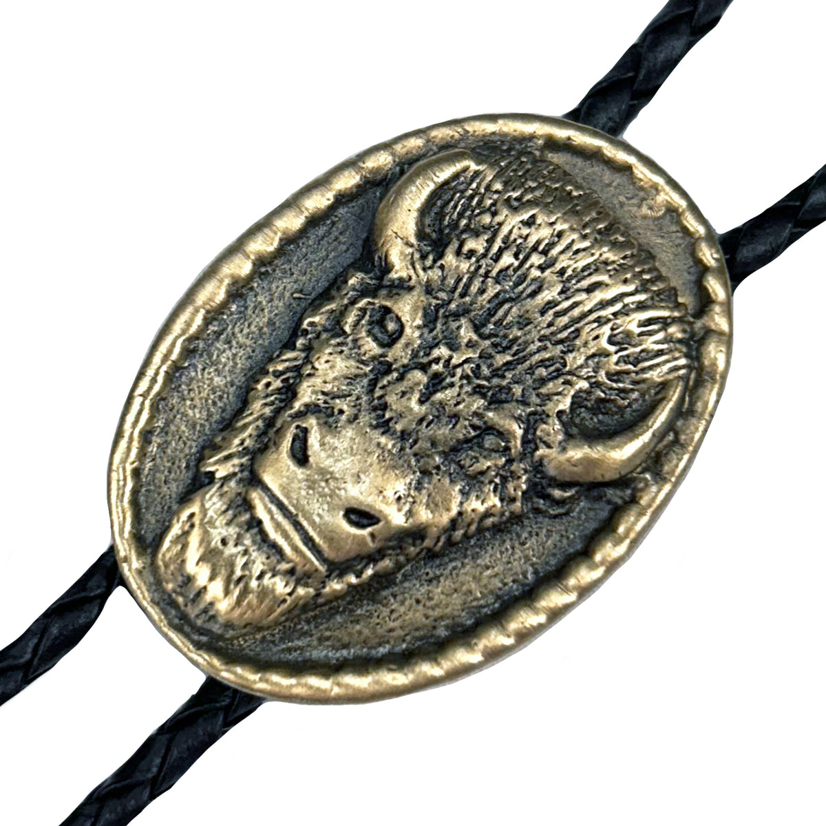 Oval Buffalo Head Western Bolo Tie in Brass by Rockmount Ranch Wear, vintage western bolo tie accessory