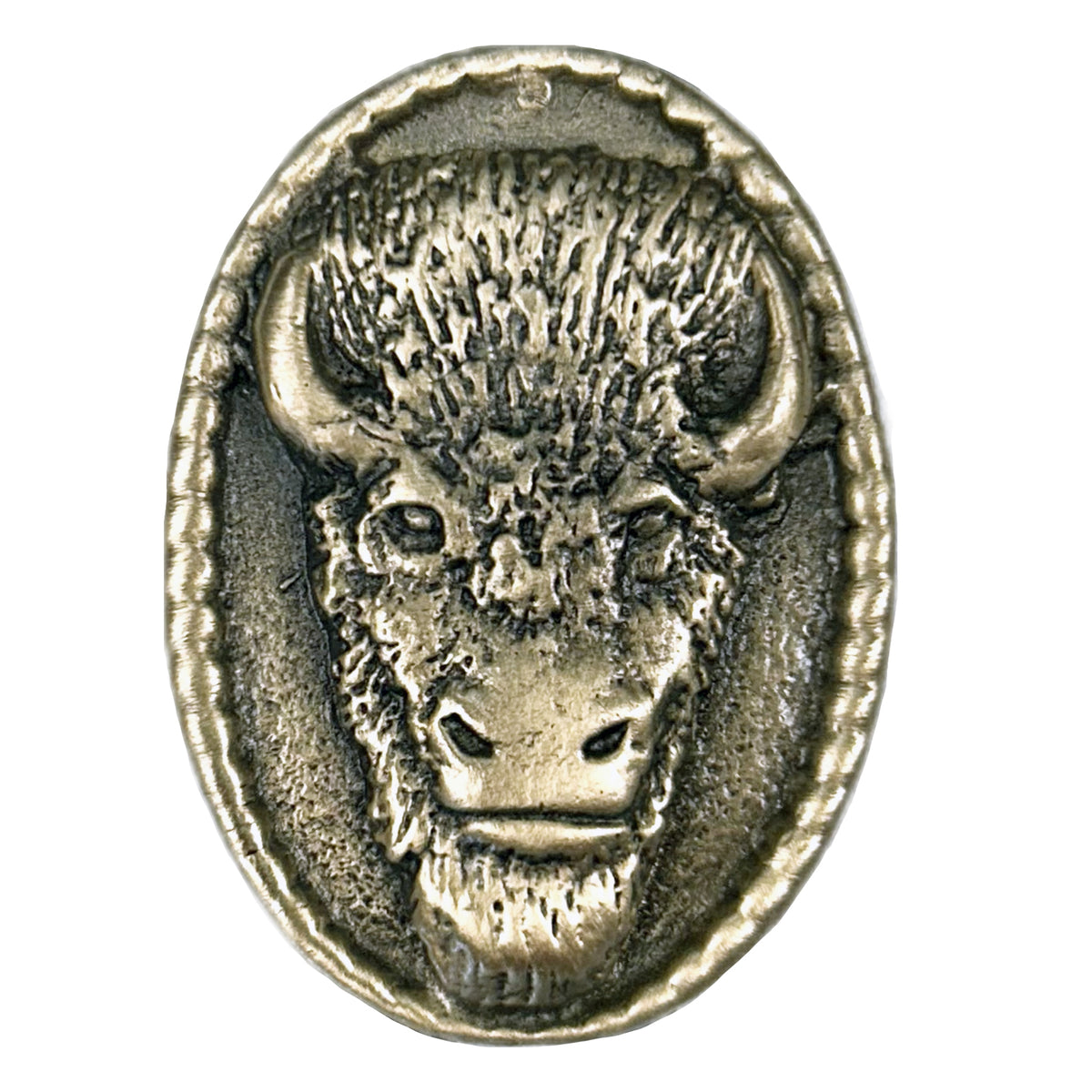 Oval Buffalo Head Western Bolo Tie in Brass by Rockmount Ranch Wear with brass oval buffalo head centerpiece