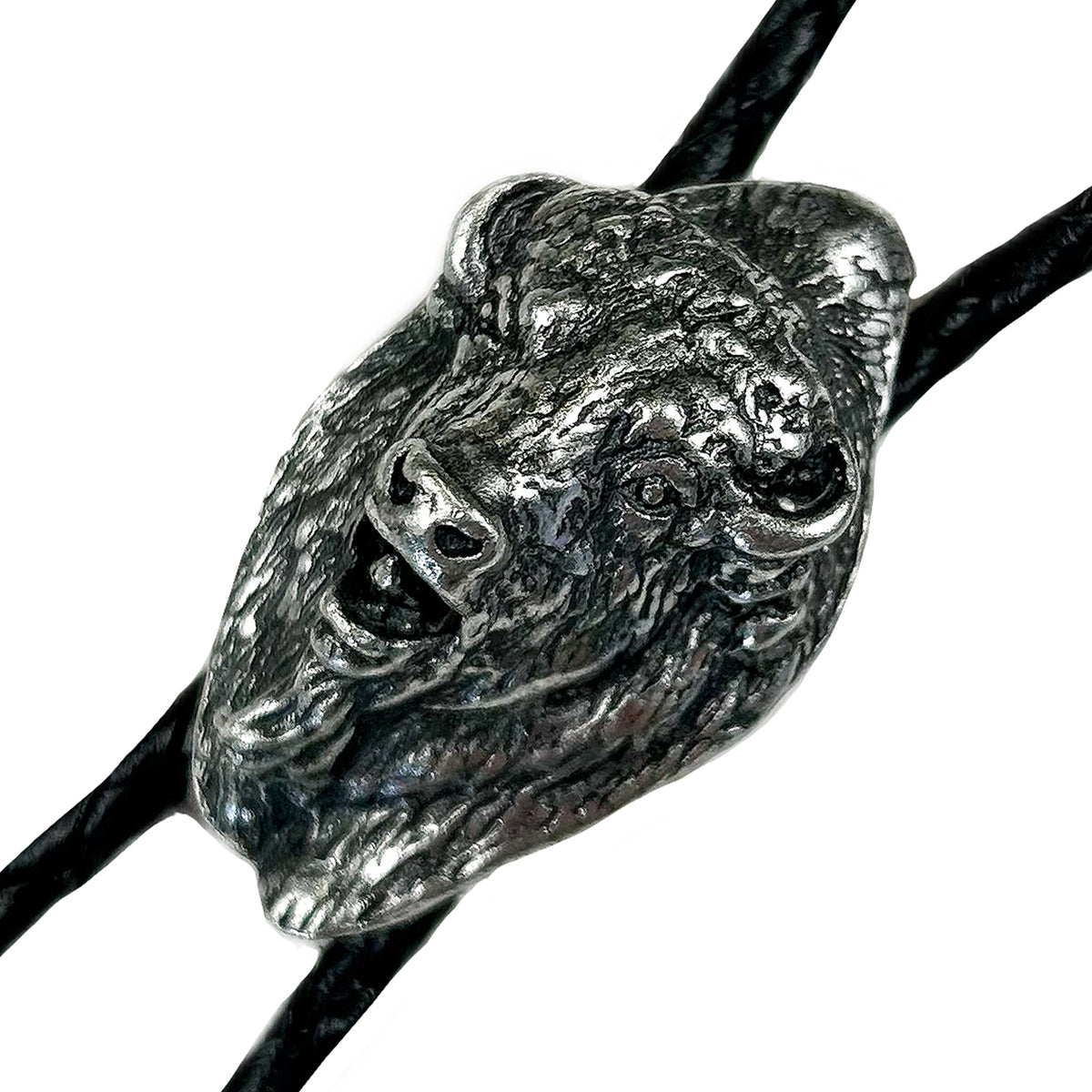 Buffalo Head Western Bolo Tie in Pewter by Rockmount Ranch Wear, pewter metal tips on a leatherette cord