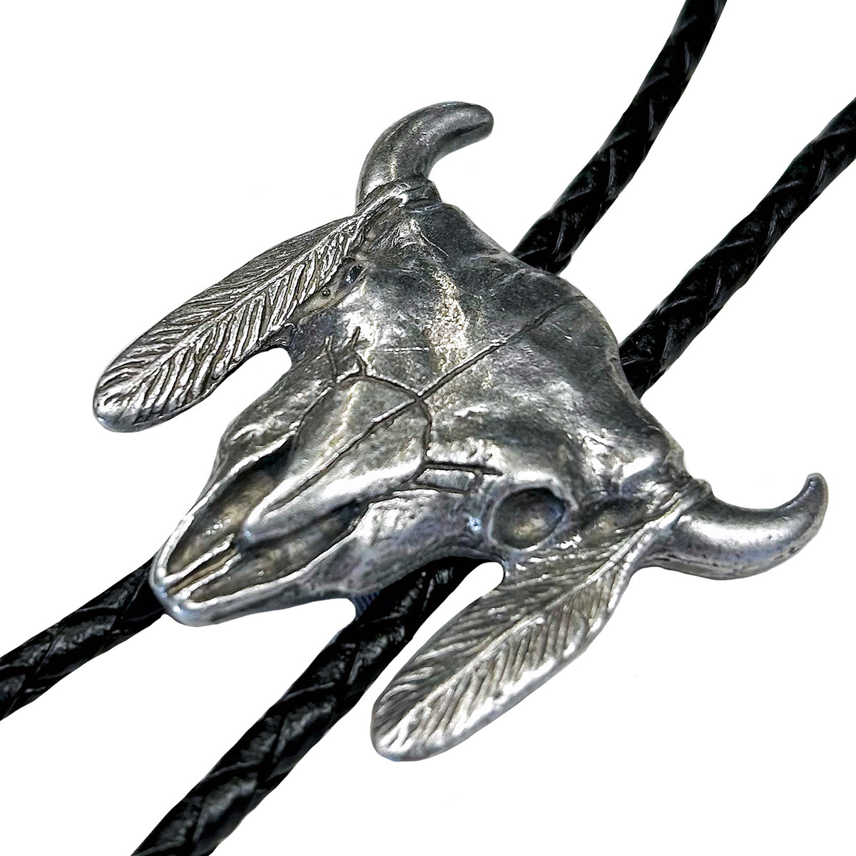Pewter Steer Skull with Feathers Western Bolo Tie by Rockmount Ranch Wear, vintage pewter steer skull