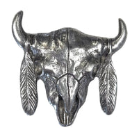 Pewter Steer Skull with Feathers Western Bolo Tie by Rockmount Ranch Wear, pewter steer skull detail