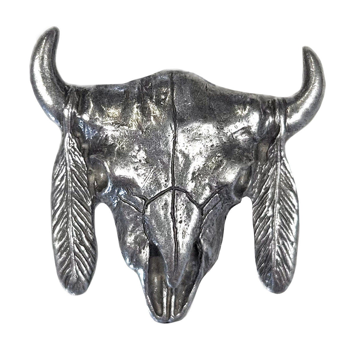 Pewter Steer Skull with Feathers Western Bolo Tie by Rockmount Ranch Wear, pewter steer skull detail