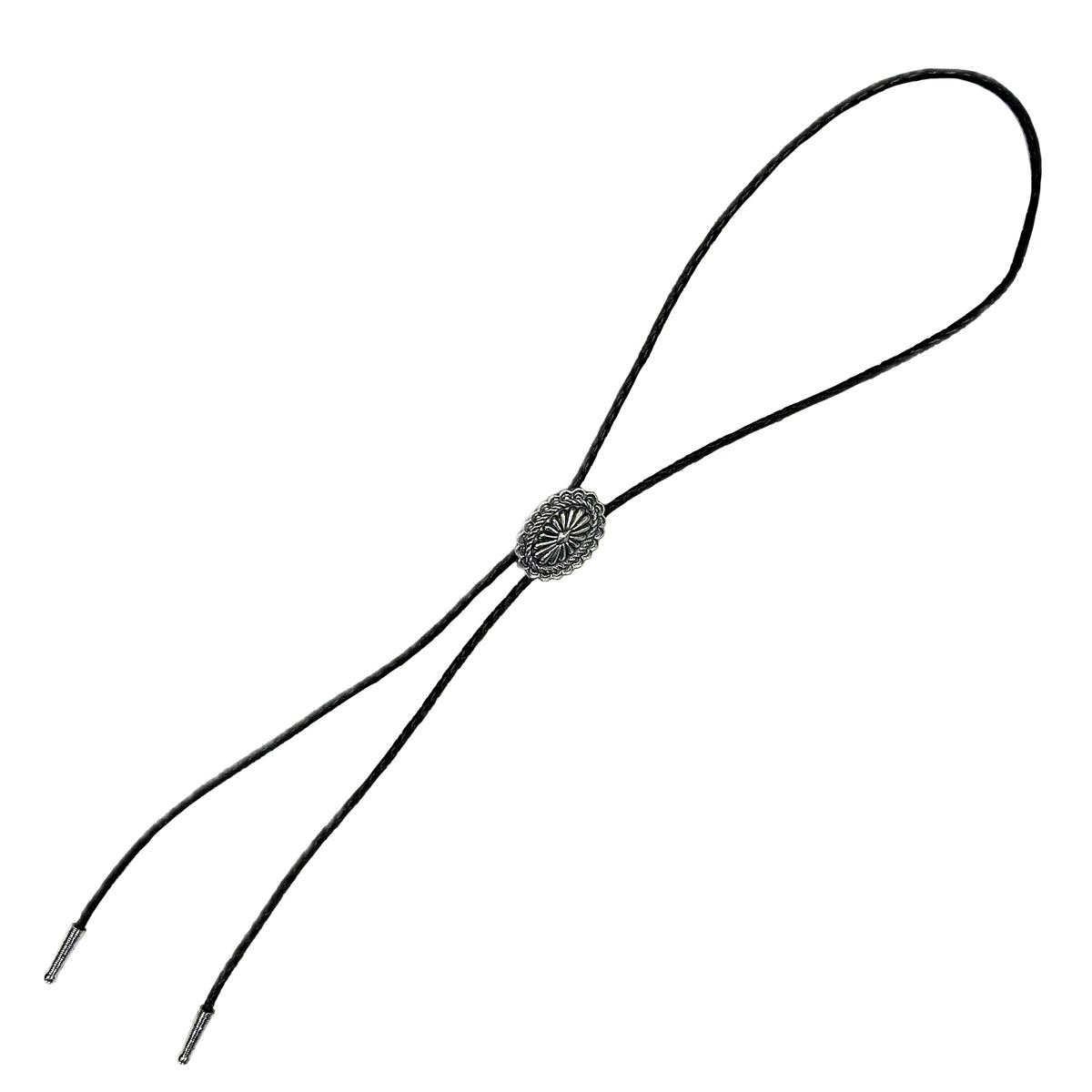 Pewter Oval Concho Western Bolo Tie by Rockmount Ranch Wear with leatherette cord and pewter oval concho