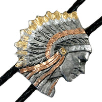 Pewter Indian Chief Tri-Tone Western Bolo Tie by Rockmount Ranch Wear with 20 inch leatherette cord
