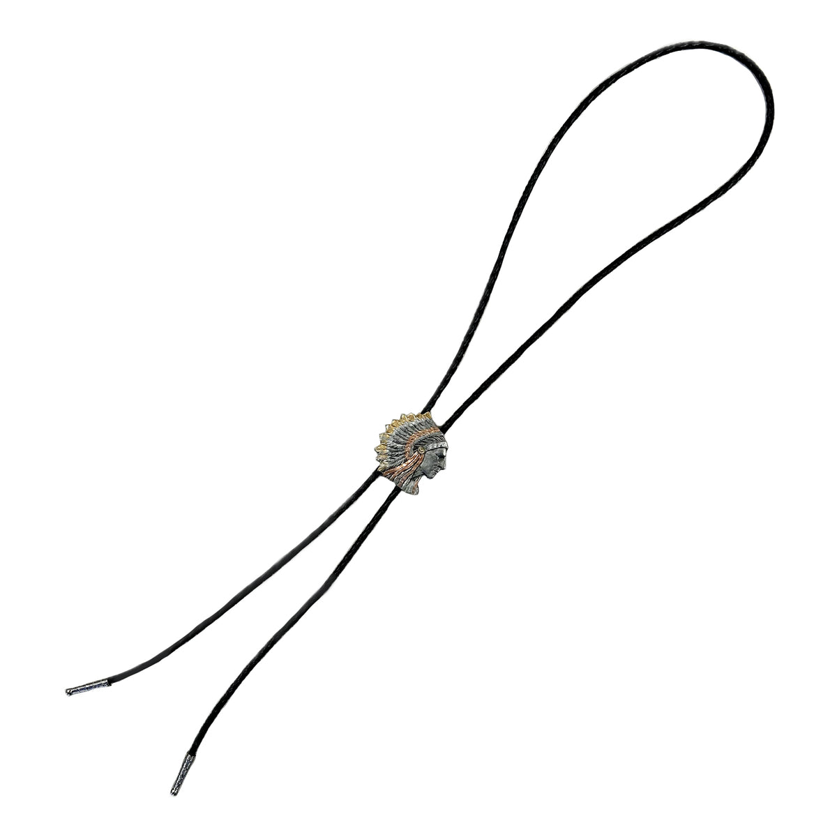 Pewter Indian Chief Tri-Tone Western Bolo Tie by Rockmount Ranch Wear with tri-tone design and leatherette cord