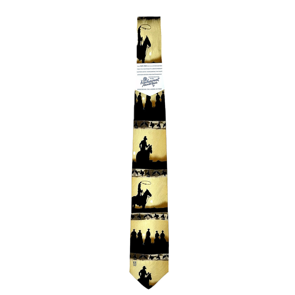Yellow Riders Silhouette Western Silk Tie by Rockmount Ranch Wear in vintage gold with riders silhouette graphic
