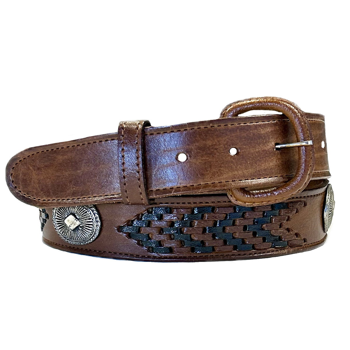Tan Leather Western Belt with Lacing and Conchos, Rockmount Ranch Wear, cowhide leather with snaps on end