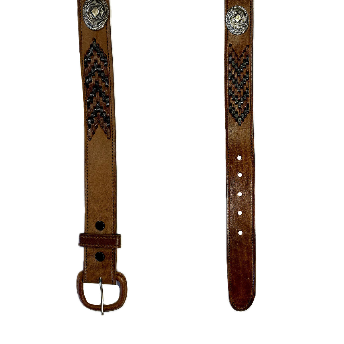 Tan Leather Western Belt with Lacing Conchos by Rockmount Ranch Wear, cowhide with snap end