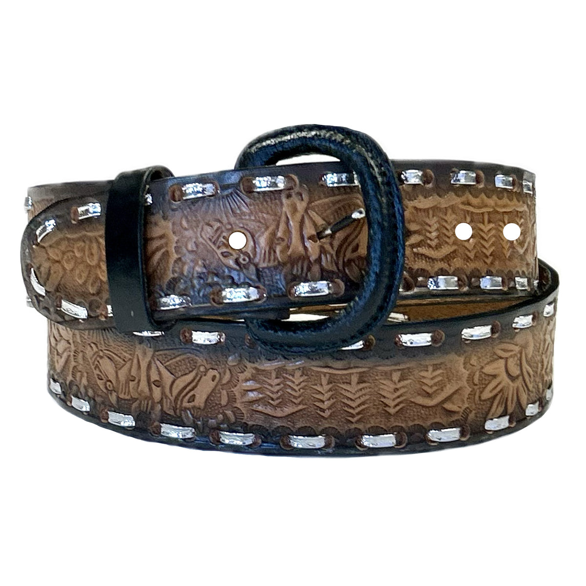 Brown tan 2-Tone Horse Tooled Leather Laced Western Belt by Rockmount Ranch Wear with arrow lacing