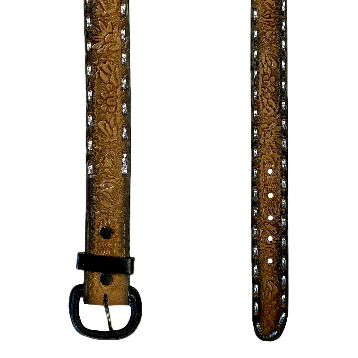Brown Tan 2-Tone Horse Tooled Leather Laced Western Belt by Rockmount Ranch Wear with arrow lacing