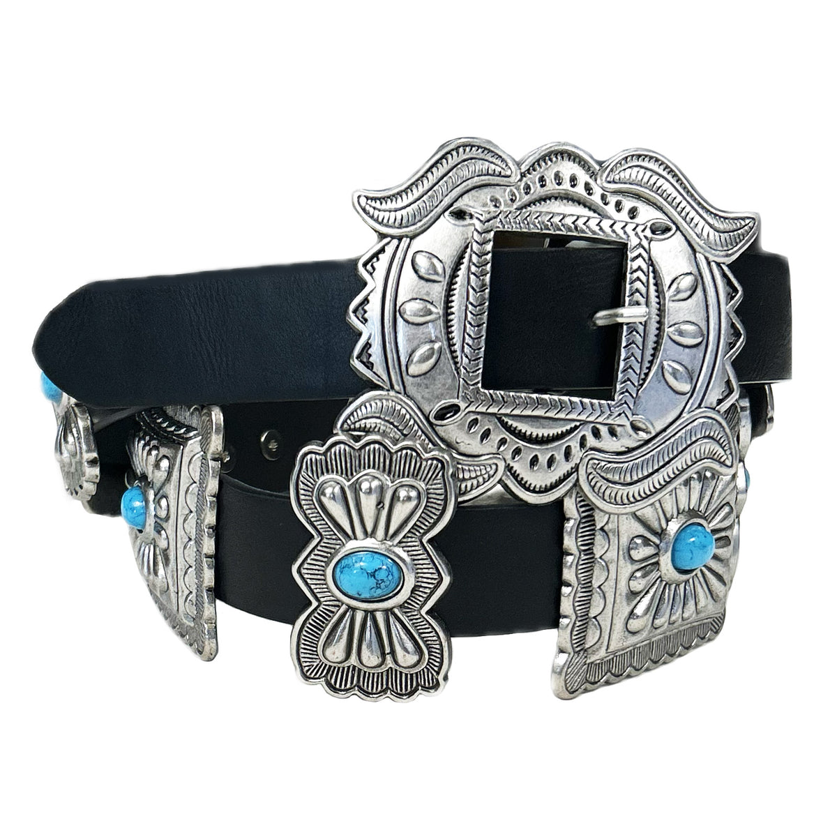 Black Leather Belt with Rectangle Conchos and Butterfly Buckle by Rockmount Ranch Wear, cowhide with silver conchos