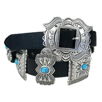 Black Leather Belt with Rectangle Conchos and Butterfly Buckle by Rockmount Ranch Wear, cowhide with silver conchos