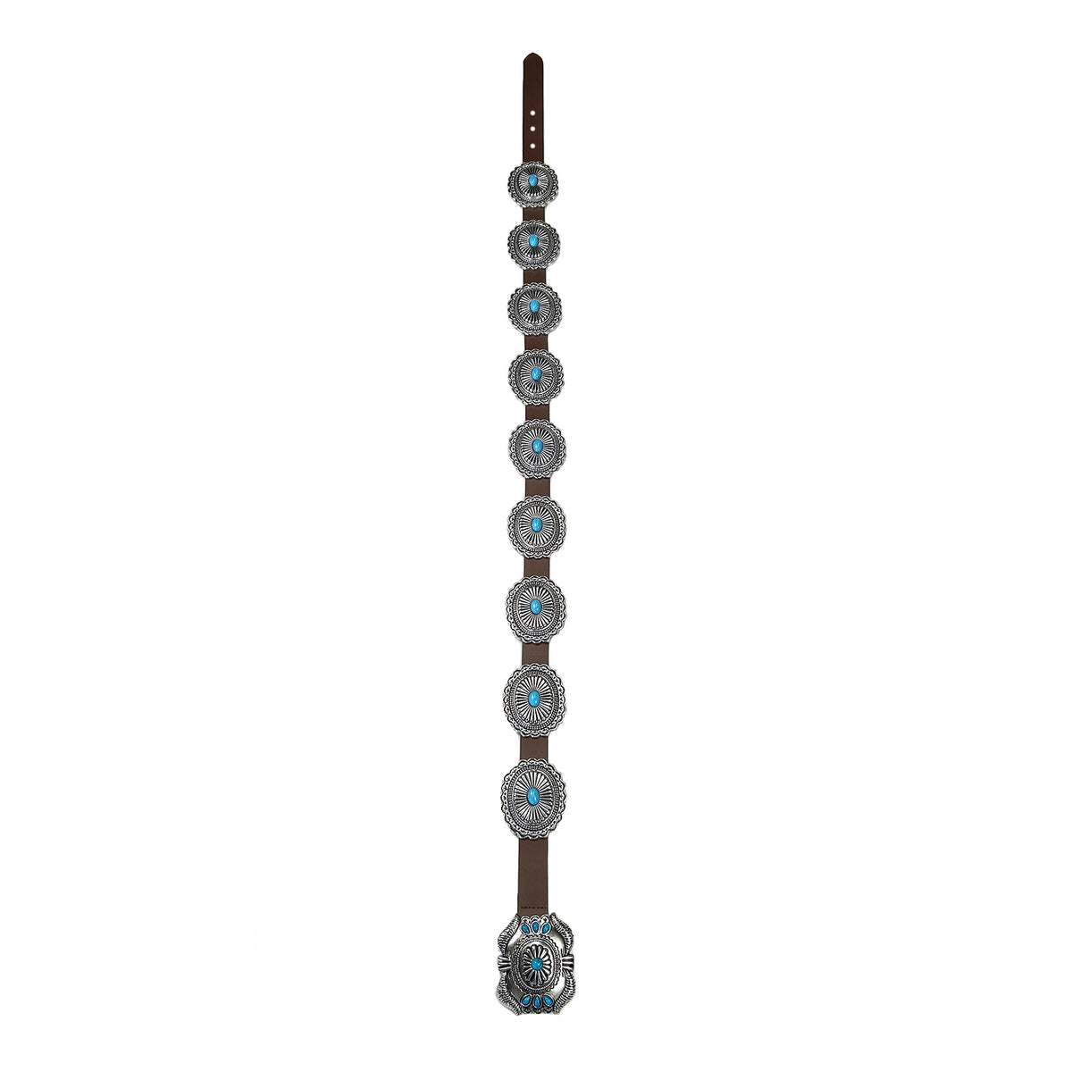 Brown Leather Concho Belt with Butterfly Buckle by Rockmount Ranch Wear, cowhide leather with silver conchos