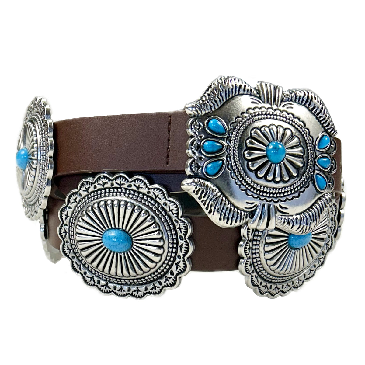Brown Leather Concho Belt with Butterfly Buckle by Rockmount Ranch Wear, cowhide leather with vintage conchos