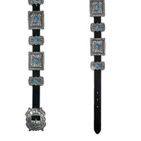 Black Leather Belt with Rectangle Conchos and Butterfly Buckle by Rockmount Ranch Wear, cowhide leather