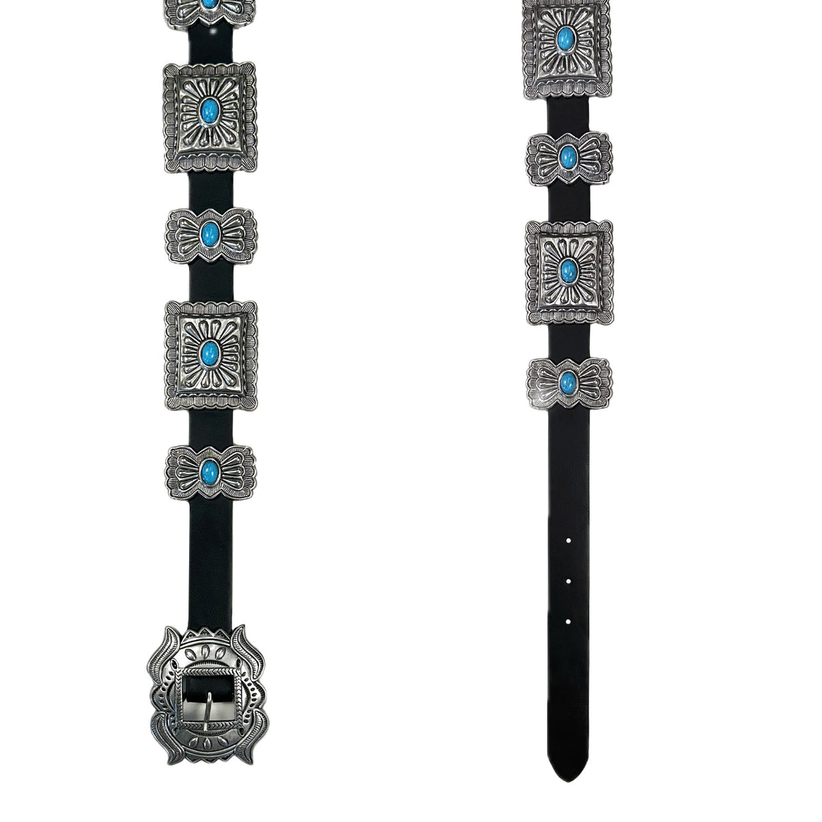 Black Leather Belt with Rectangle Conchos and Butterfly Buckle by Rockmount Ranch Wear, cowhide leather