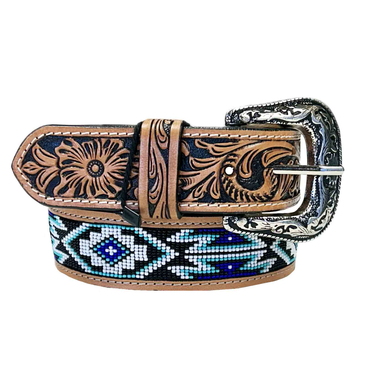 Heavy Duty Brown Tooled Leather Western Belt with Blue and White Native Pattern Beaded Inlay, Rockmount Ranch Wear