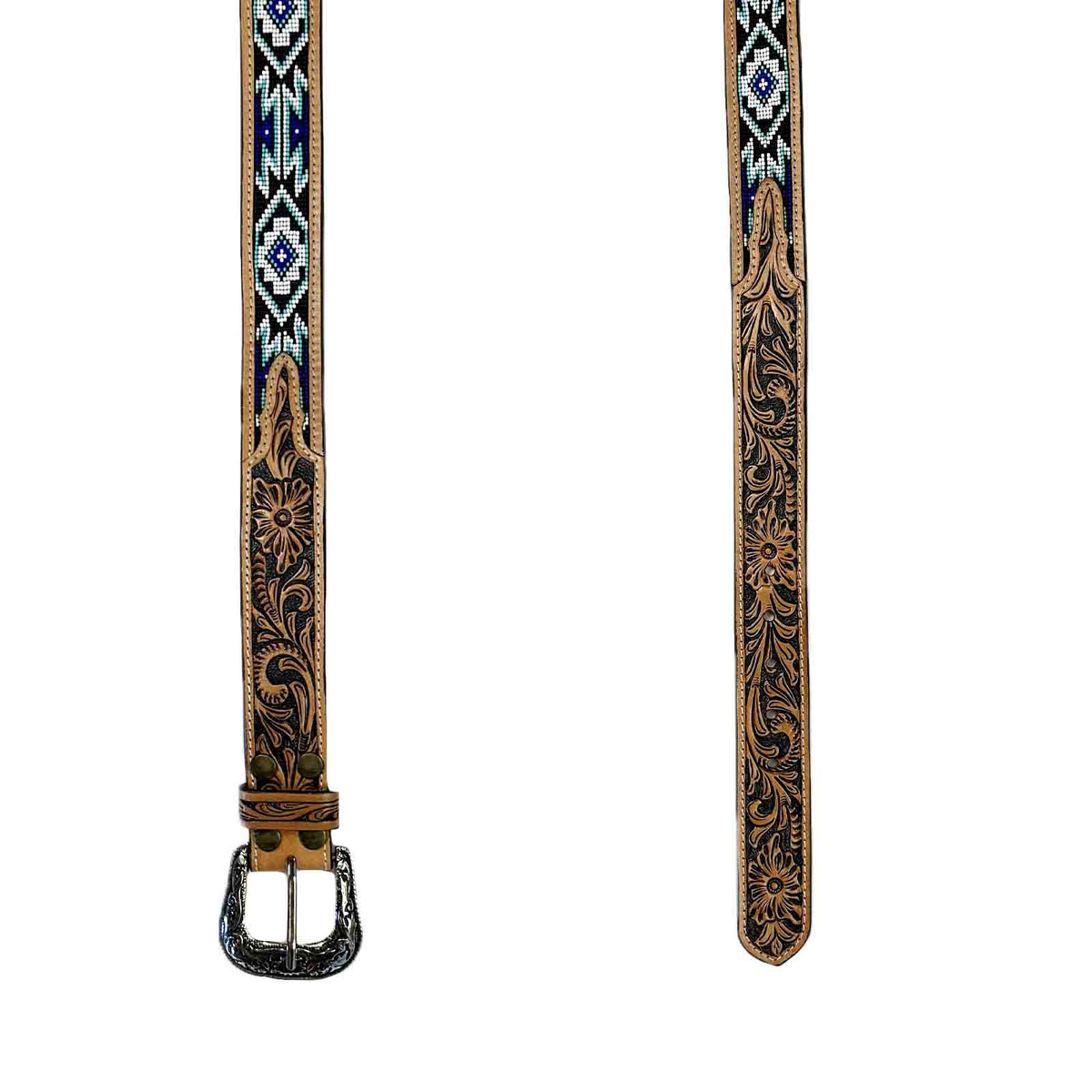 Heavy Duty Brown Tooled Leather Western Belt with Blue and White beaded inlay, Rockmount Ranch Wear