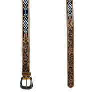 Heavy Duty Brown Tooled Leather Western Belt with Blue and White beaded inlay, Rockmount Ranch Wear