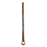 Heavy Duty Brown Tooled Leather Western Belt with Blue and White Native Pattern Beaded Inlay, Rockmount Ranch Wear