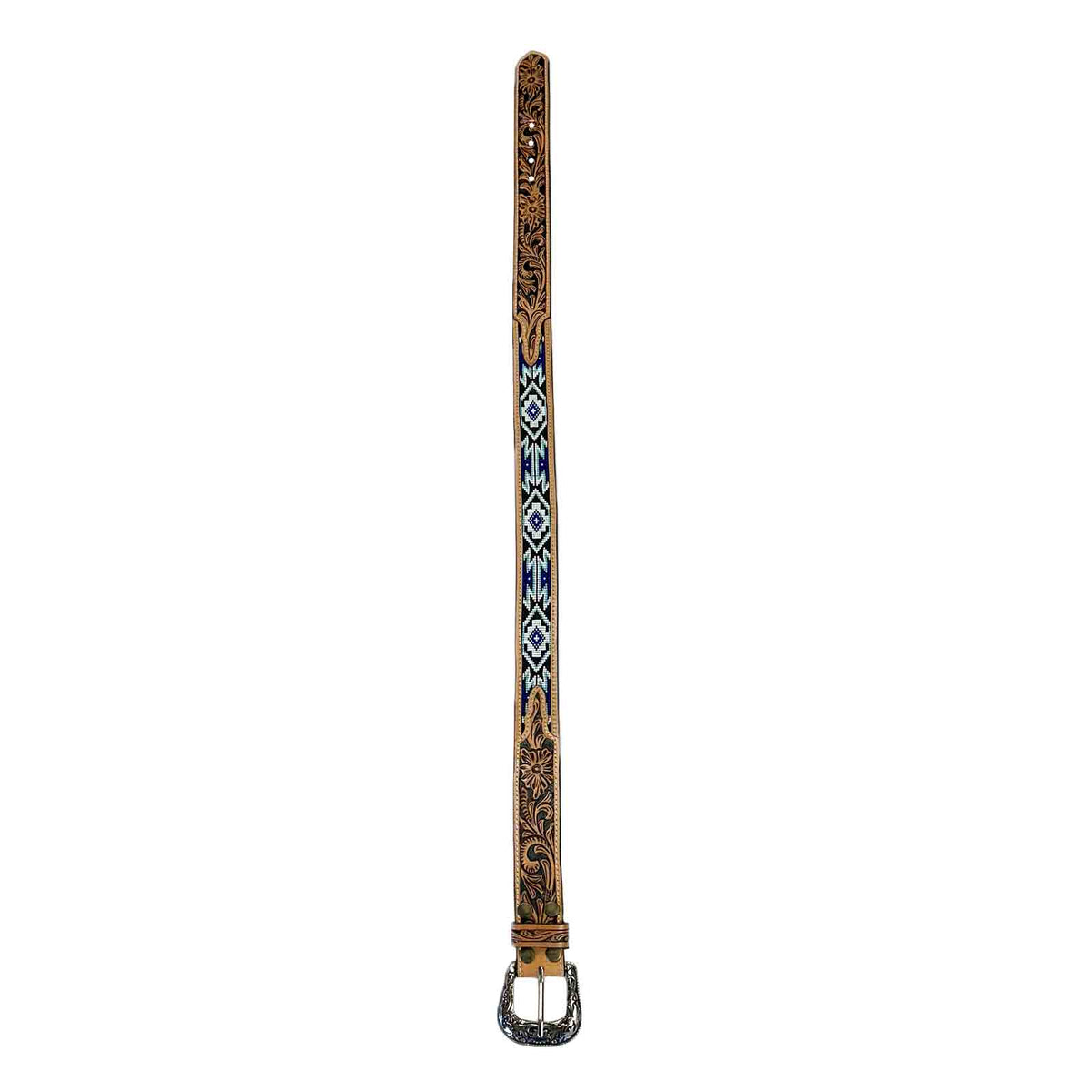 Heavy Duty Brown Tooled Leather Western Belt with Blue and White Native Pattern Beaded Inlay, Rockmount Ranch Wear