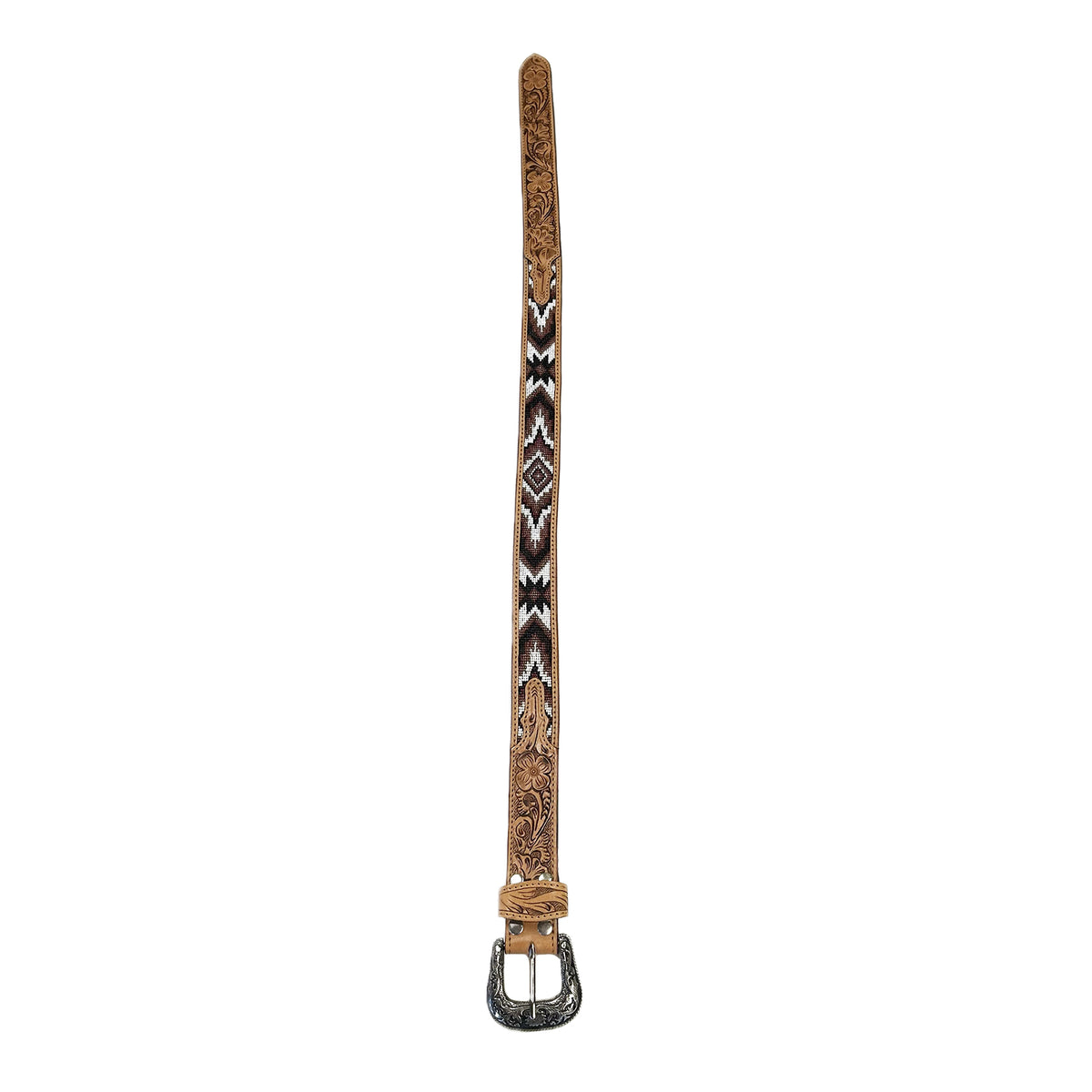 Heavy Duty Brown Tooled Leather Western Belt with Brown and White Native Pattern Beaded Inlay by Rockmount Ranch Wear