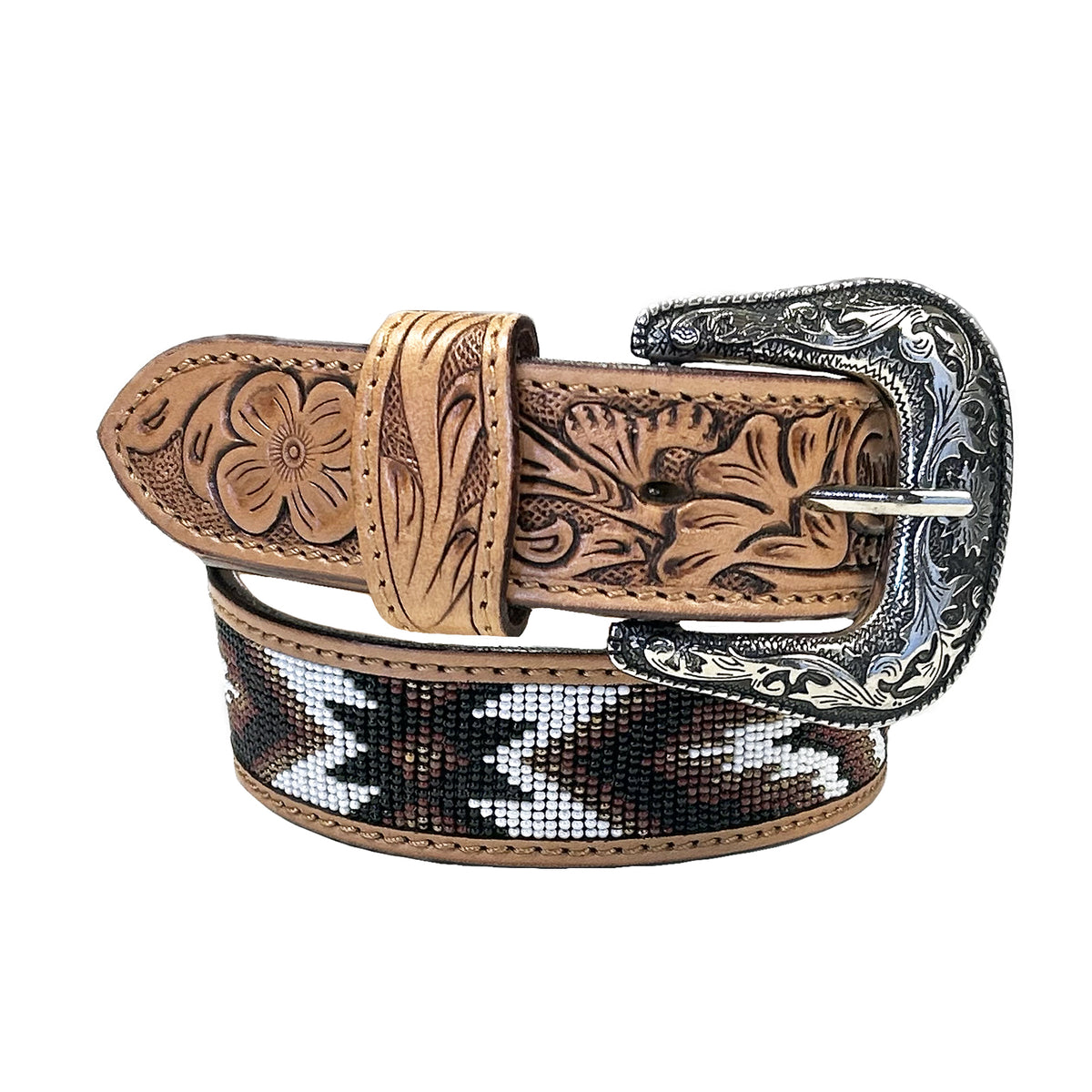 Heavy Duty Brown Tooled Leather Western Belt with Brown and White Native Pattern Beaded Inlay, Rockmount Ranch Wear