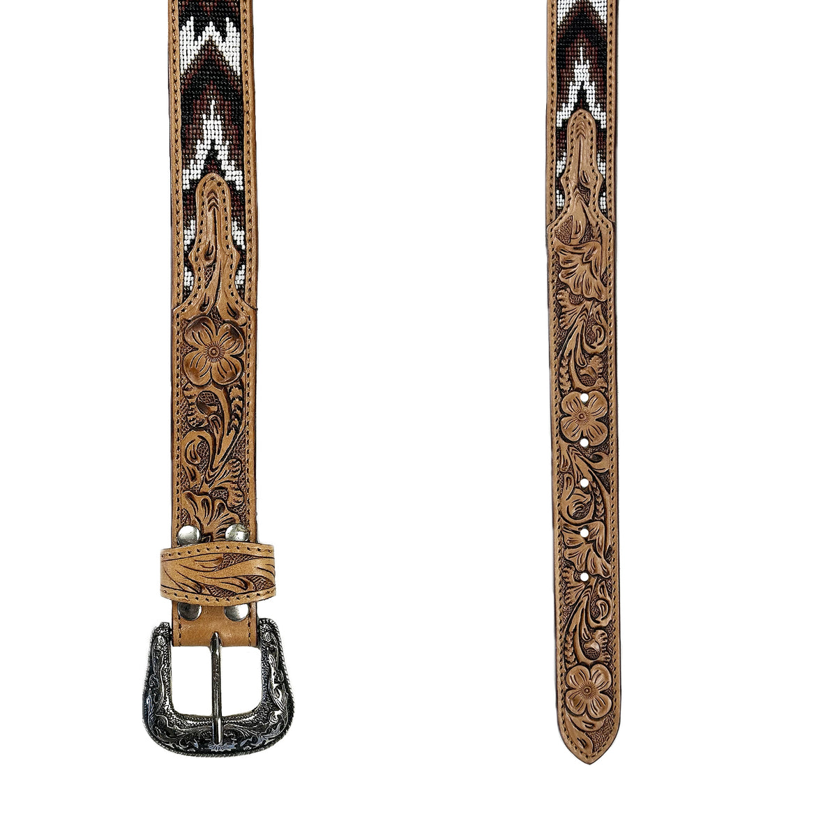 Heavy Duty Brown Tooled Leather Western Belt with beaded inlay by Rockmount Ranch Wear, vintage floral style