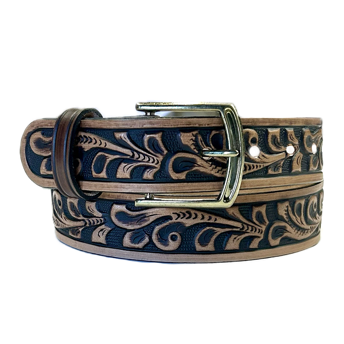 Tooled Floral Genuine Brown Leather Western Belt by Rockmount Ranch Wear with vintage floral tooled pattern