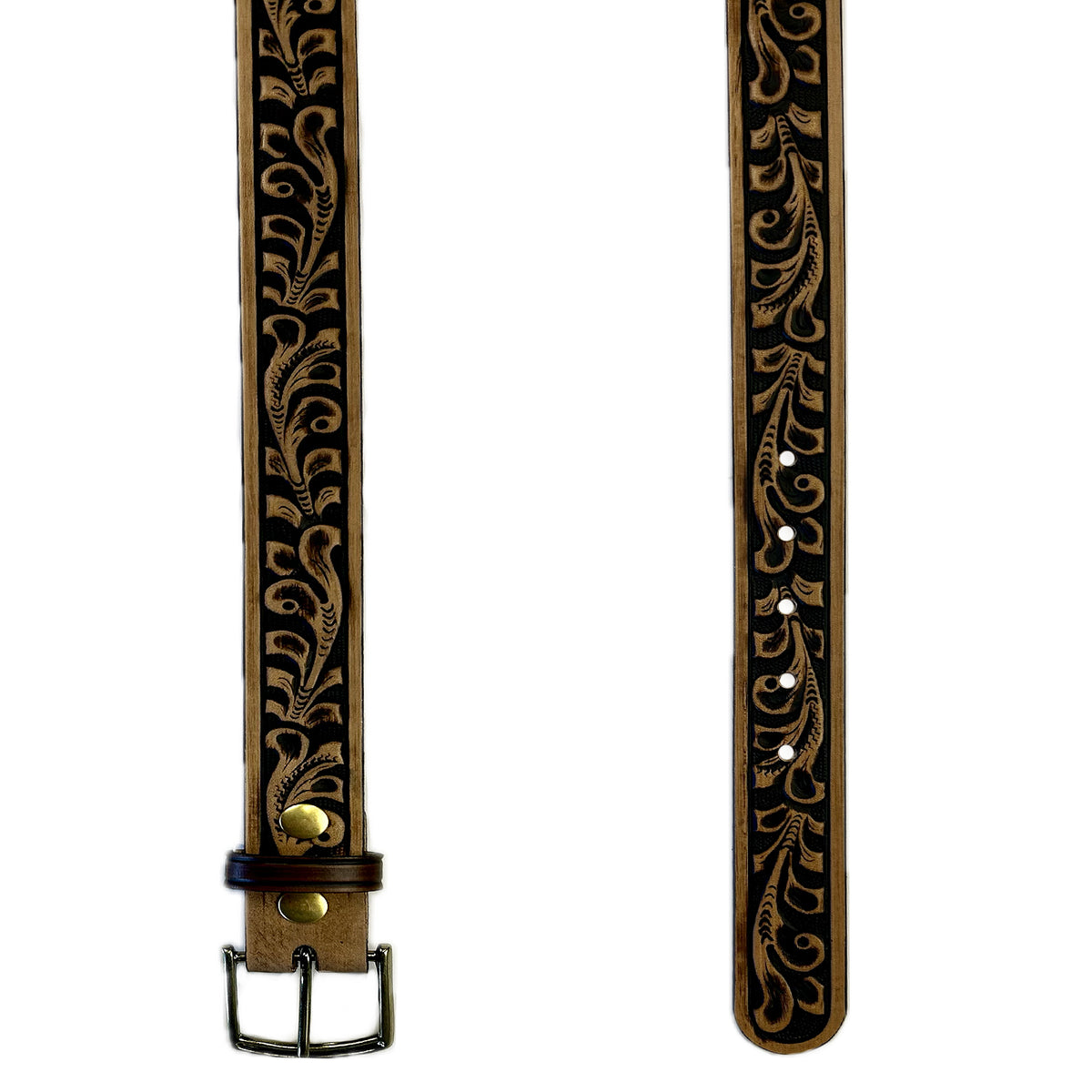 Tooled Floral Genuine Brown Leather Western Belt by Rockmount Ranch Wear, vintage leather with hand-finished saddle