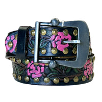 Black Tooled Genuine Leather Western Belt with Pink Roses by Rockmount Ranch Wear, brass studs and rose tooling