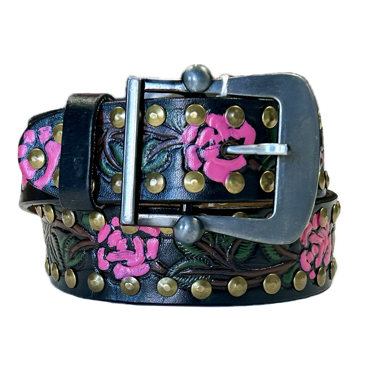 Black Tooled Genuine Leather Western Belt with Pink Roses by Rockmount Ranch Wear, brass studs and rose tooling