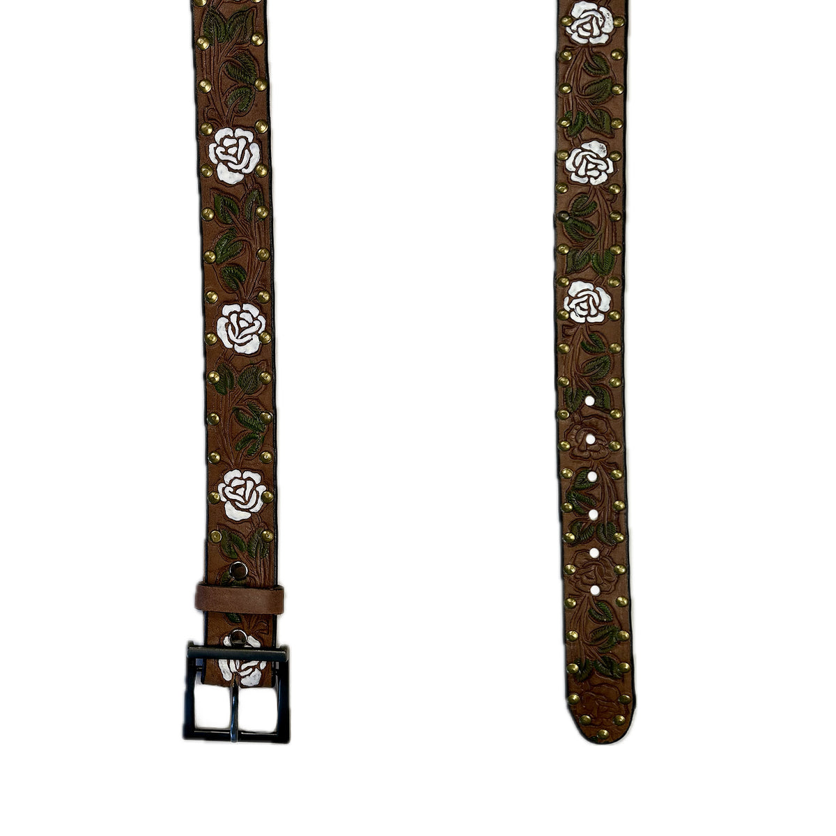 Brown Tooled Genuine Leather Western Belt with White Roses by Rockmount Ranch Wear, brass studs