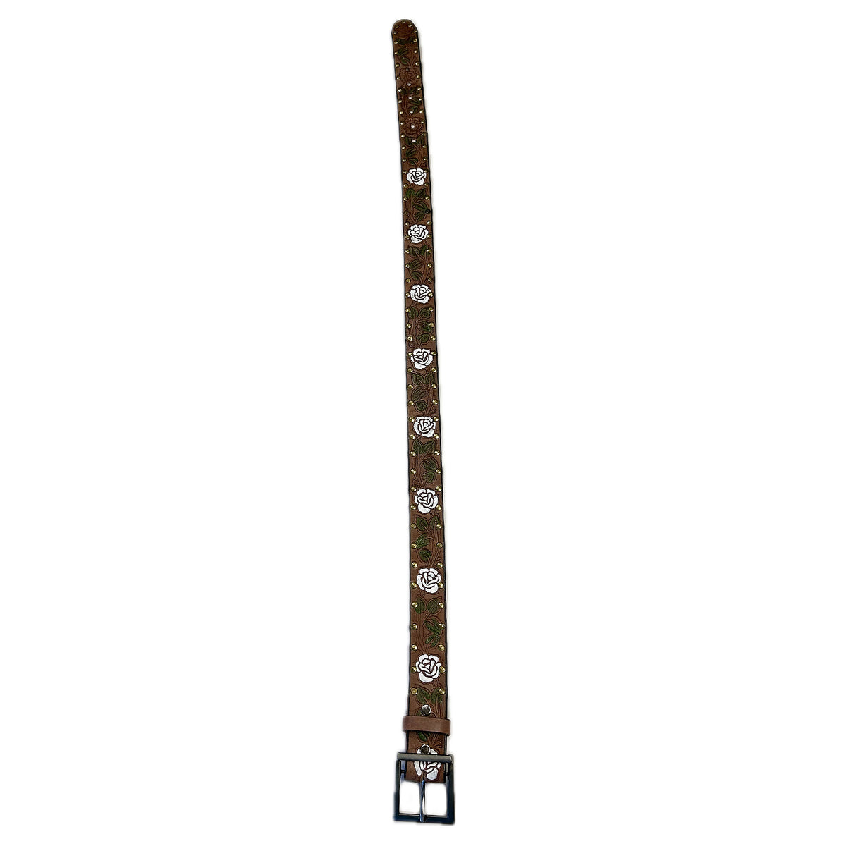 Brown Tooled Genuine Leather Western Belt with White Roses by Rockmount Ranch Wear, brass studs