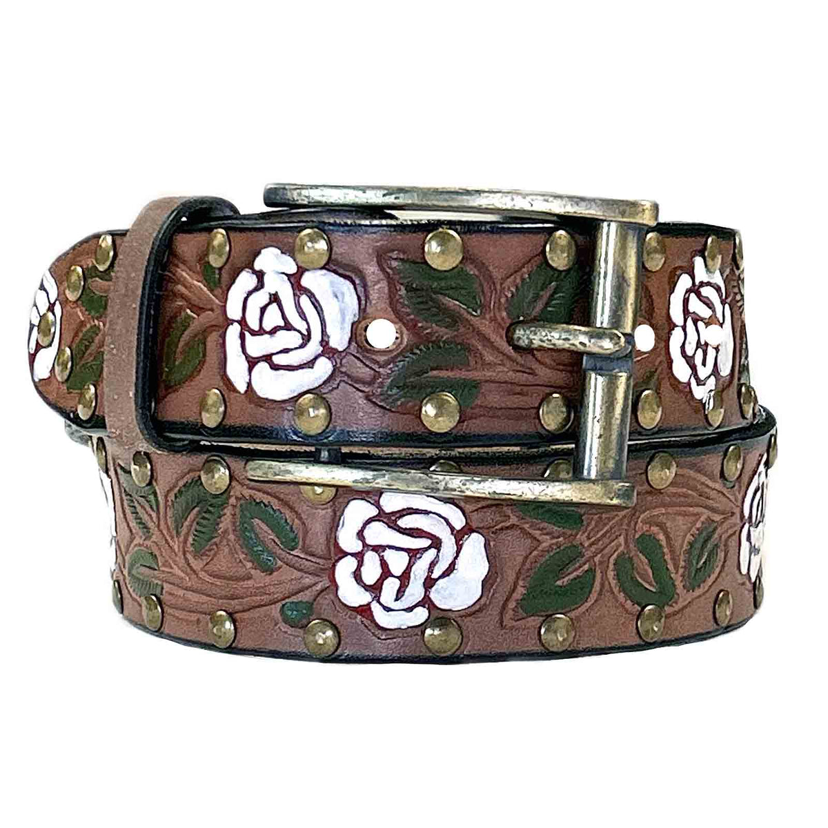 Brown Tooled Genuine Leather Western Belt with White Roses by Rockmount Ranch Wear, brass studs
